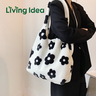 Living idea กระเป๋าสะพายไหล่ กระเป๋าถือ ทรงโท้ท พิมพ์ลายดอกไม้ ผ้ากํามะหยี่ ขนนิ่ม แบบพกพา สไตล์สตรีท ✿