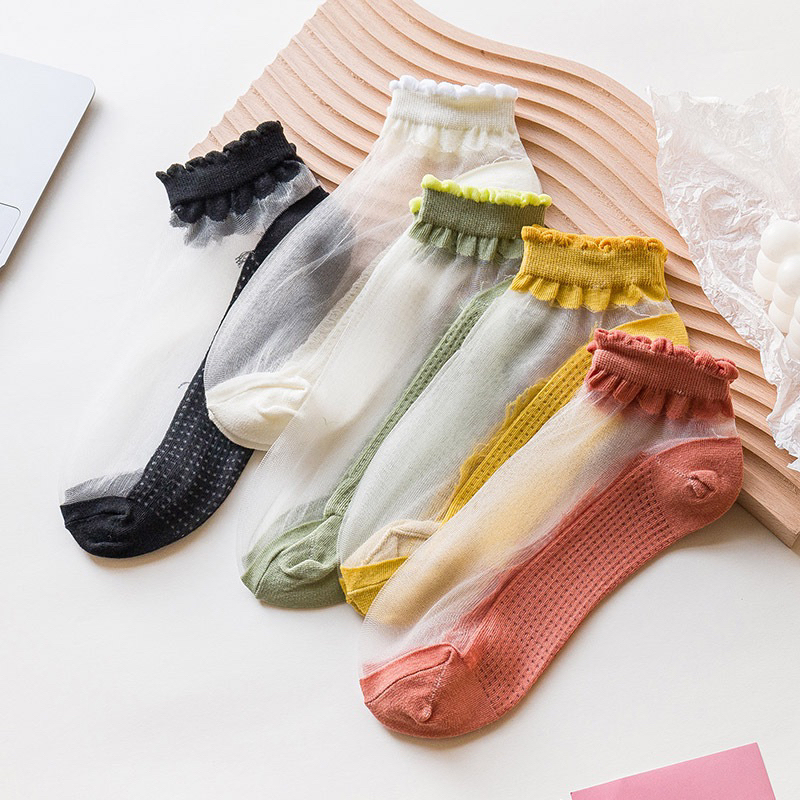 Rika.shop ถุงเท้าหุ้มข้อ ระบายอากาศได้ดี หลากสีให้เลือก ข้อเท้ามีระบายสวย