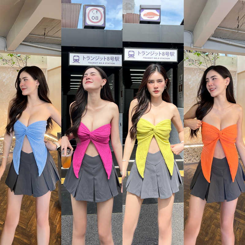SpinnyHouse เสื้อเกาะอก ชายแหลม พรางหุ่นสุด ผ้าเปลือกไม้ สายคาเฟ่ สายเที่ยวทะเล คือต้องมี ทรงดีดูแพง รุ่น หัวหิน