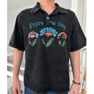 SLURBOYY Triple Flowers Polo เสื้อโปโลดำฟอก ลาย Have the day (SB0762)