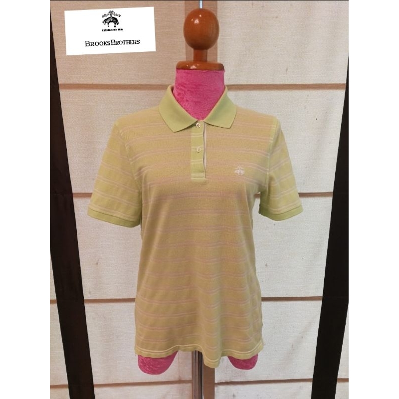Brooks Brothers Brand_2nd hand เสื้อโปโลแนววินเทจแขนสั้นผลิตจากผ้าฝ้าย 💯% (Made in Hong Kong​) แท้มื