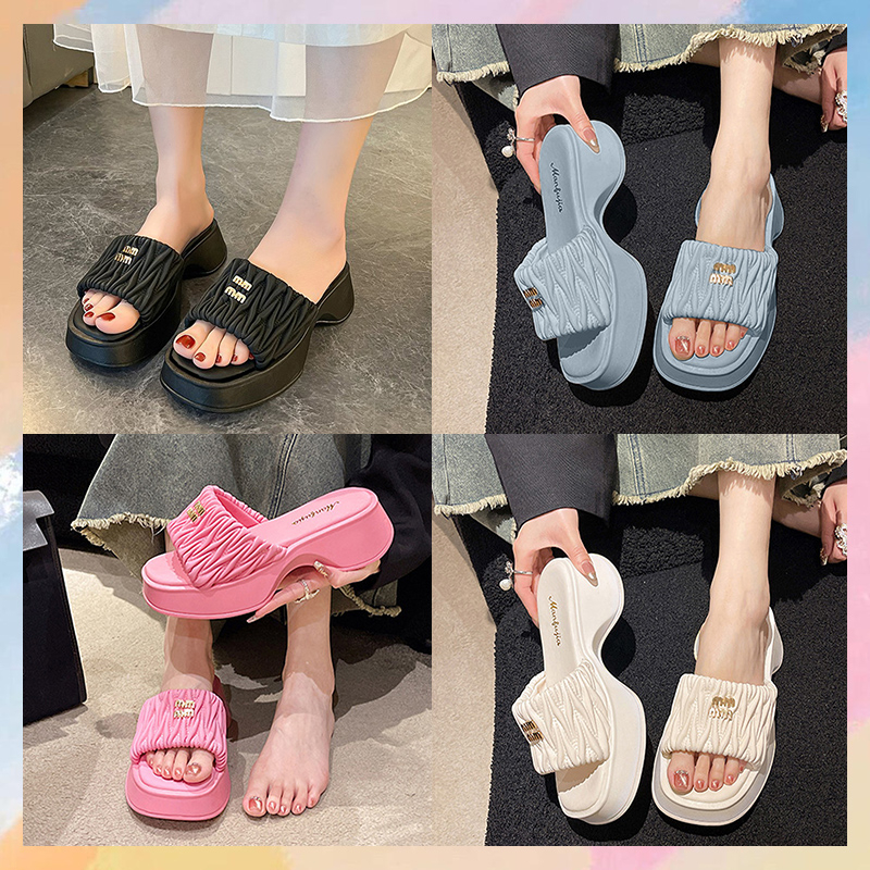 Fshow Sale รองเท้าแตะเสริมส้น รองเท้าแบบสวมส้นตึก  ตรงตัวสวมมีอักษรสีทองติดไปด้านหน้า มันเริ่ดนะ