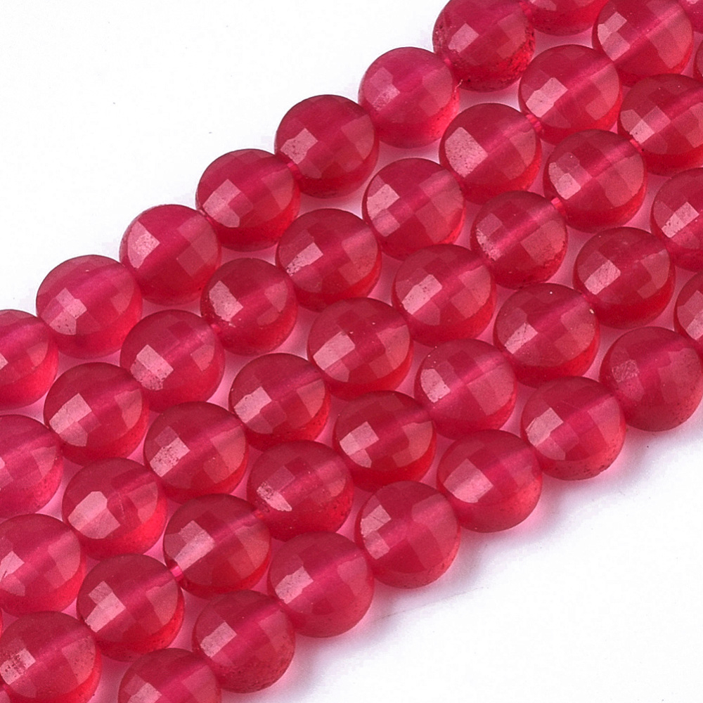 ลูกปัดหินธรรมชาติ ทับทิมแดง Ruby/Red เม็ดกลมแบนเหลี่ยมเจีย ขนาด 4x2.5 มม. รู 0.6 มม. 1 เส้น ประมาณ 110 เม็ด