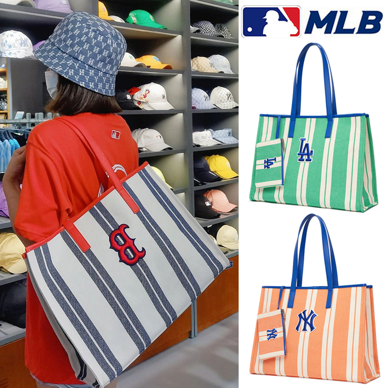 2024 new MLB canvas tote bag shoulder handbag women unisex กระเป๋าทรงสี่เหลี่ยม NEW YORK YANKEES rainbow stripe