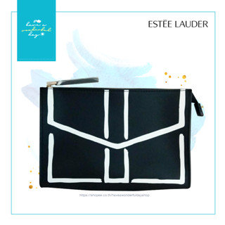 กระเป๋าเครื่องสำอางค์ แบรนด์ Estee Lauder ทำจากหนัง PU สีดำ ตัดเส้นสีขาว ขนาด 21x15 ซม ใส่ของได้เยอะ น้องมีความหนาทนสุดๆ