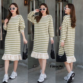 🌈🌿🌸🌺🌼🤎💚🇰🇷 Knit Stripe Long Sleeve Frill Plain Maxi Dress