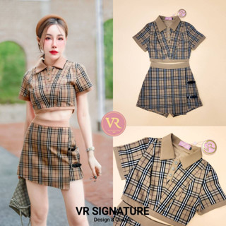 VR Set เสื้อครอปแขนสั้น คอปก ติดกระดุมช่วงคอเสื้อ มาพร้อมกระโปรงกางเกงขาสั้นเข้าชุด แต่งสายเข็มขัดด้านข้าง เนื้อผ้าดี