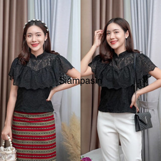 SOF เสื้อลูกไม้ ซิปหลัง ผ้านุ่ม อก S M L XL XXL, มีอก 46 47 48 49 50 นิ้ว สีดำ แขนสั้นระบายรอบอก รุ่นนางฟ้า Blouse