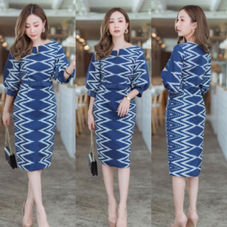 ชุดเดรสผ้าไทยลายฟันปลาแต่งโบว์น่ารักS-4XL