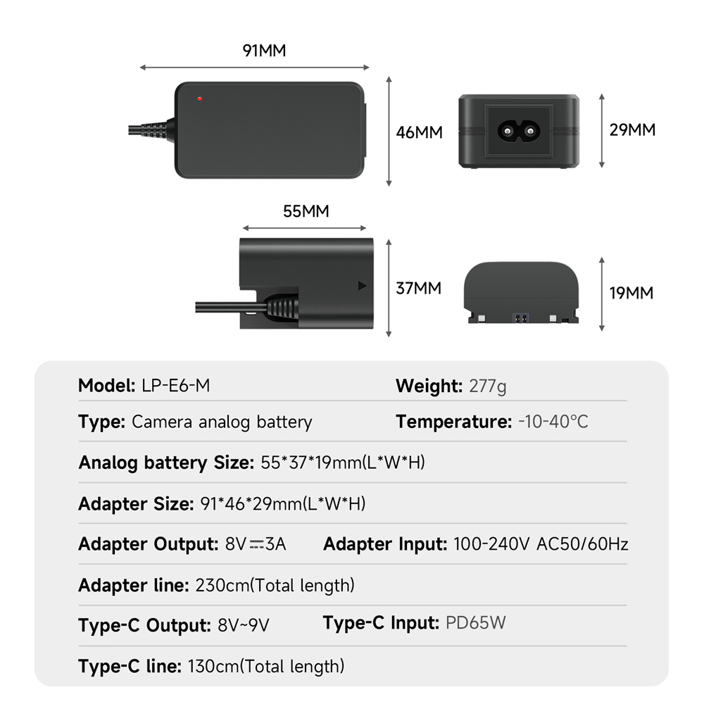 Palo DR-E6 LP-E6 Dummy แบตเตอรี่ Type-C/AC Power Adapter สำหรับ Canon EOS 5D 6D 7D 60D 70D 80D 90D R5 R6