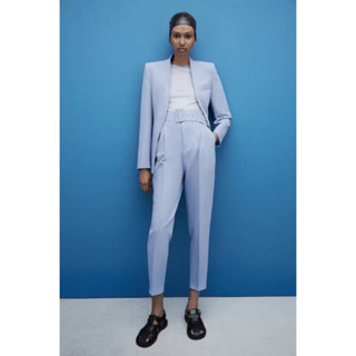 Zara High waisted Trousers  กางเกงเอวสูง สีฟ้าอ่อนพร้อมเข็มขัด