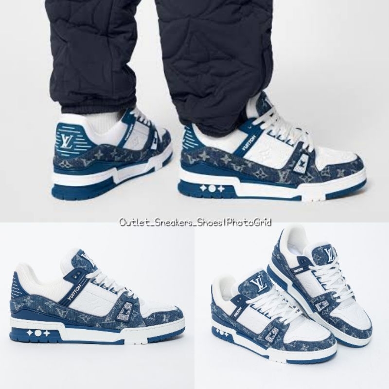 รองเท้า Louis🥾Vuitton🥾LV🥾Trainer Blue Denim Monogram White – Double Boxed Sneakers ใส่ได้ทั้ง ชาย หญิง ส่งฟรี