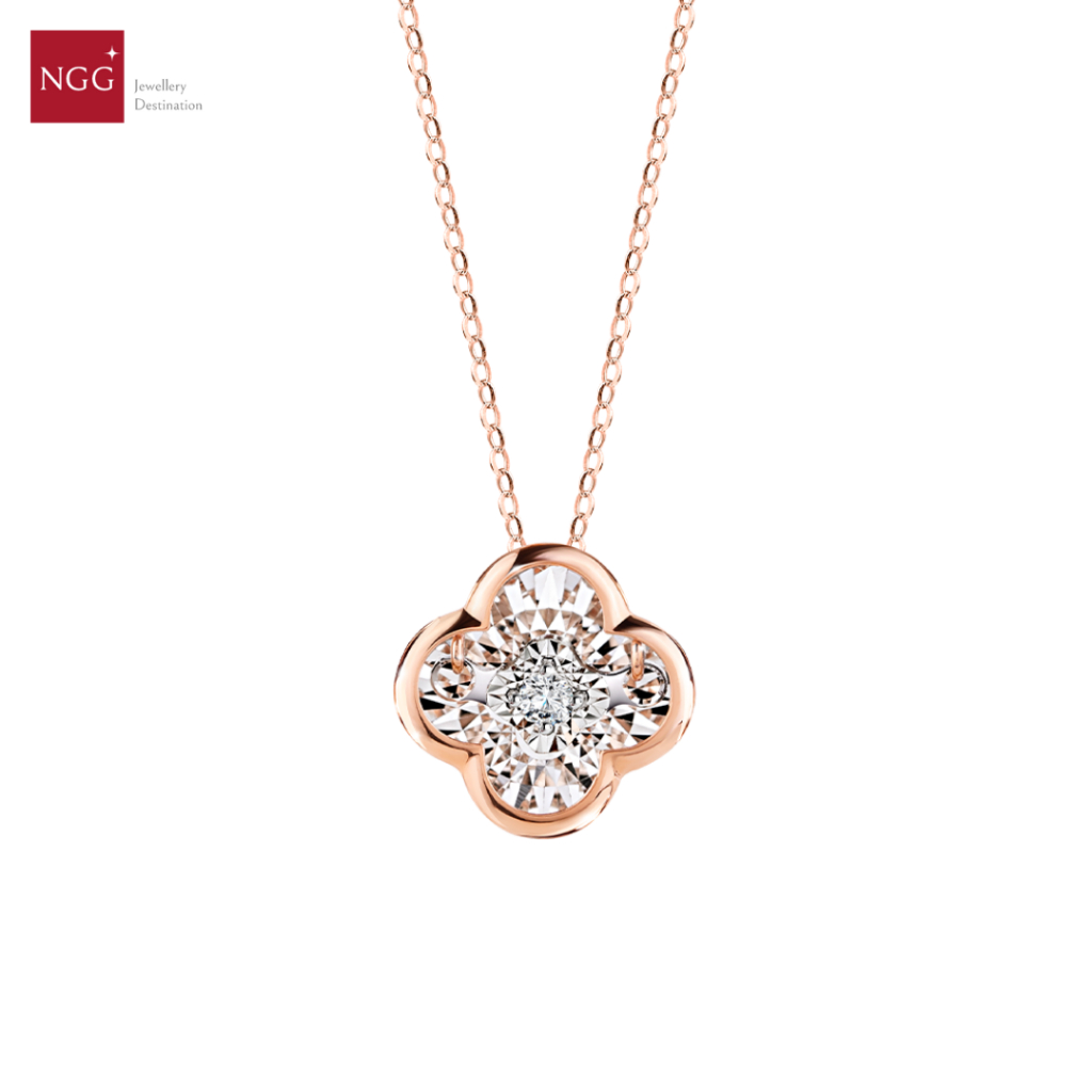 NGG Dazzling Diamond 18K Rose Gold Diamond Success Clover Necklace - สร้อยคอเพชรแท้ (มีใบรับประกัน)