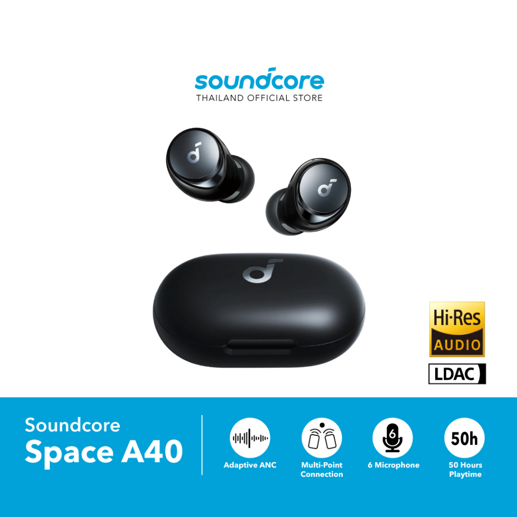 Soundcore Space A40 หูฟังบลูทูธ หูฟัง หูฟังไร้สาย  ANC ลดเสียงรบกวน 98% Hi-Res Sound ใช้งาน 50 ชม.