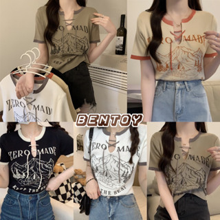 Bentoy(M5206-1)เสื้อยืดไหมพรม แขนสั้น คอกลม ลายอังกฤษหน้าอก