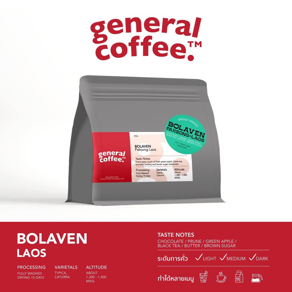 Generalcoffee เมล็ดกาแฟคั่วกลาง อาราบิก้าแท้ 100% จากโบลาเวน-ลาว