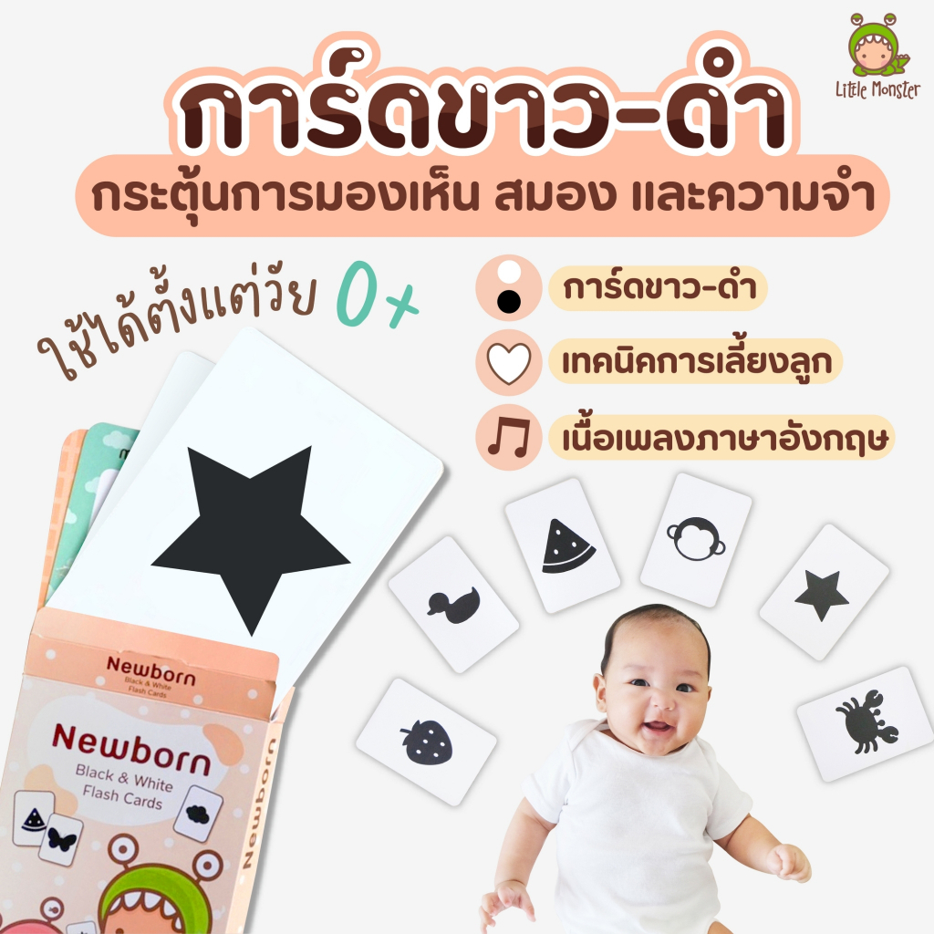 Newborn Flash Card | Little Monster | แฟลชการ์ด ขาวดำกระตุ้นพัฒนาการ 0-6 เดือน | การ์ดเด็กทารกแรกเกิด