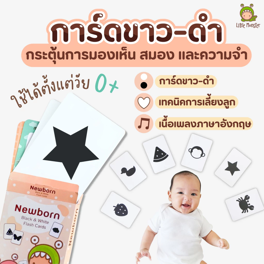 Newborn Flash Card | Little Monster | แฟลชการ์ด ขาวดำกระตุ้นพัฒนาการ 0-6 เดือน | การ์ดเด็กทารกแรกเกิด