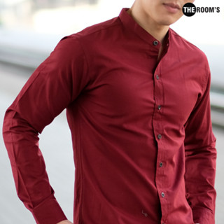 เดอะรูม THE ROOMS เสื้อเชิ้ตคอจีนแขนยาว ผ้าอ็อกฟอร์ด ทรงสลิม สีแดงเบอร์กันดี