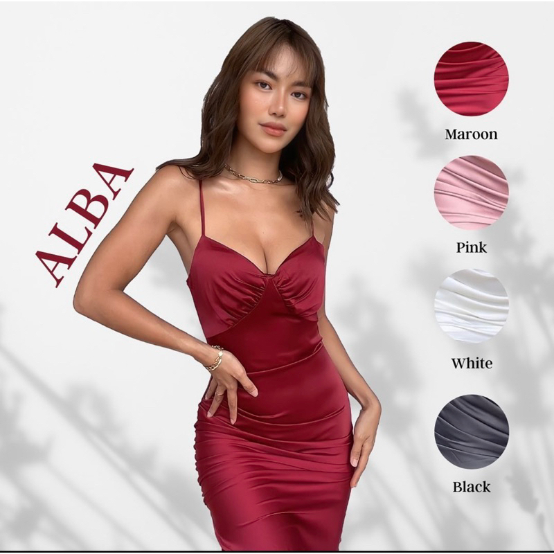 alba dress เดรสซาตินสายเดี่ยวแต่งจีบช่วงหน้าอก มีฟองน้ำ สายปรับได้ ช่วงสะโพกจะตัดเย็บย่นๆเพิ่มความสวยหรูพร้อมส่งค่ะ