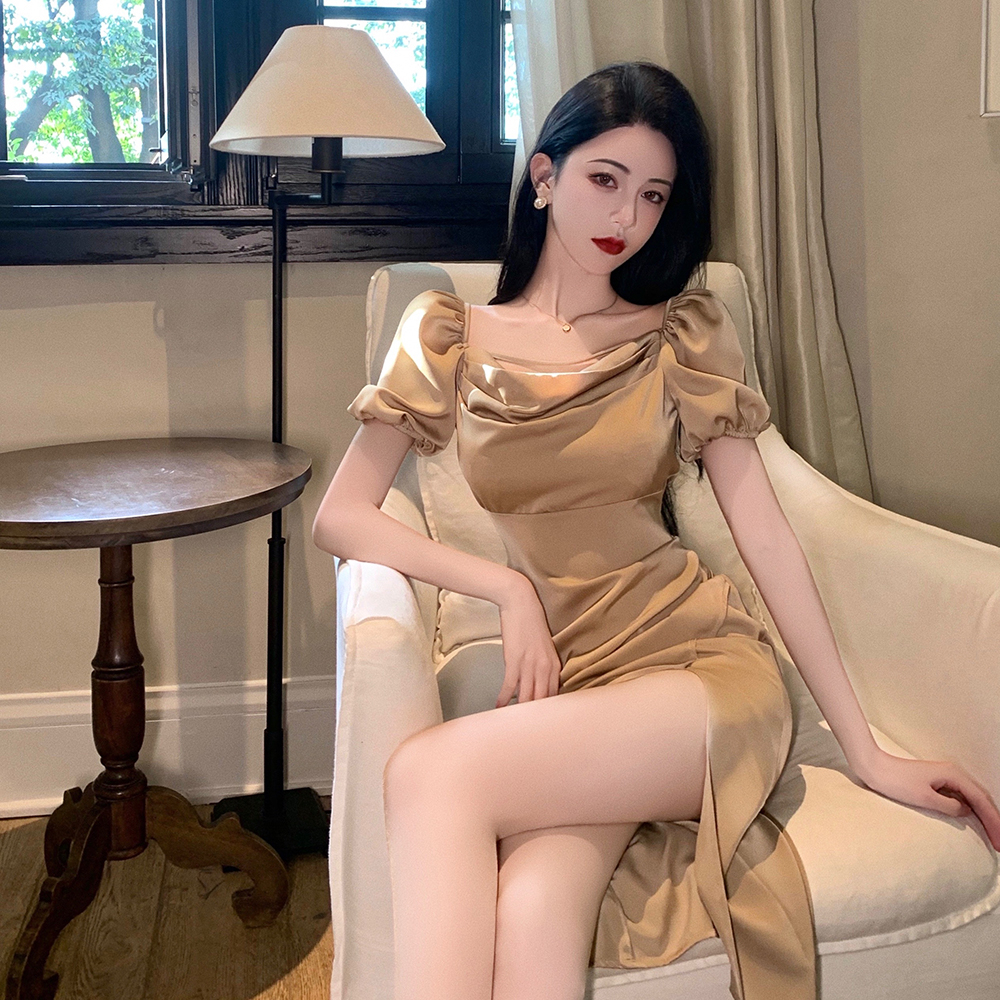 SDF058 : ชุดเดรสออกงาน คอเหลี่ยม ผ้าข้าง แขนตุ๊กตา