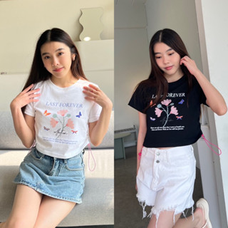 🦋Last Forever🦋 เสื้อครอปลายดอกไม้ ครอปเชือกรูดข้าง Honney mood(ฮันนี่มู๊ด)💘 baby crop อก 32-36 ยาว 16