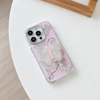 ส่งจากไทย พร้อมส่ง #เคสไอโฟน เคสขอบยางนิ่ม iPhone 11-14Promax 🦋เคสกระจกลายผีเสื้อชมพู+holder