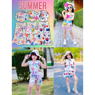 พร้อมส่ง ชุดเซ็ทกางเกงขาสั้น ชุดสงกรานต์เด็ก ชุดต้อนรับSummer ชุดเซ็ทแถมหมวก ผ้าด๊อปบี้