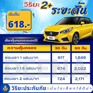 ประกันรถวิิริยะ 2+ ระยะสั้น เลือก 30 60 90 120 วัน รถเก๋ง กระบะ ตู้ สำหรับใช้งานส่วนบุคคล