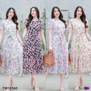 18560 เดรสชีฟอง ลายดอกไม้ ผูกเอว Chiffon dress with floral pattern, tied at the waist