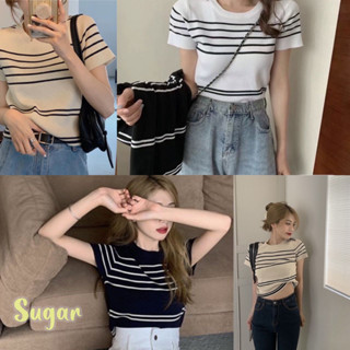 Sugar🌈พร้อมส่ง🌈เสื้อยืดคอกลมแขนสั้นลายทางผ้าร่องยืดดีมาก(98041-1)
