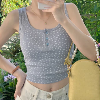 Cicishop(J342)เสื่อกล้ามลายดอกไม้ ดีเทลกระดุมหน้า แฟชั่นฤดูร้อน
