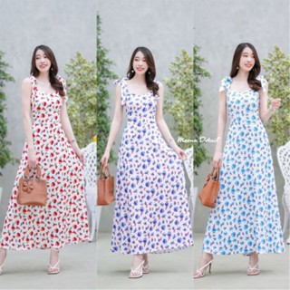 Maxi dress ผูกโบว์ไหล่ลายดอกไม้