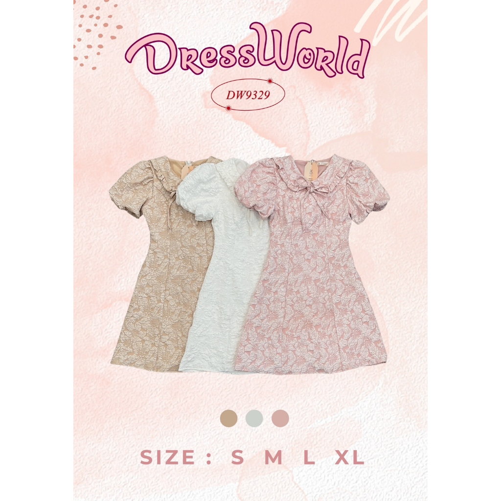 {S-2XL} 9329 งานป้าย Dress World ชุดเดรสสั้นคอปก ผ้าลายดอกนูน แขนตุ๊กตา ใส่ได้ทุกงานเลยจ้า