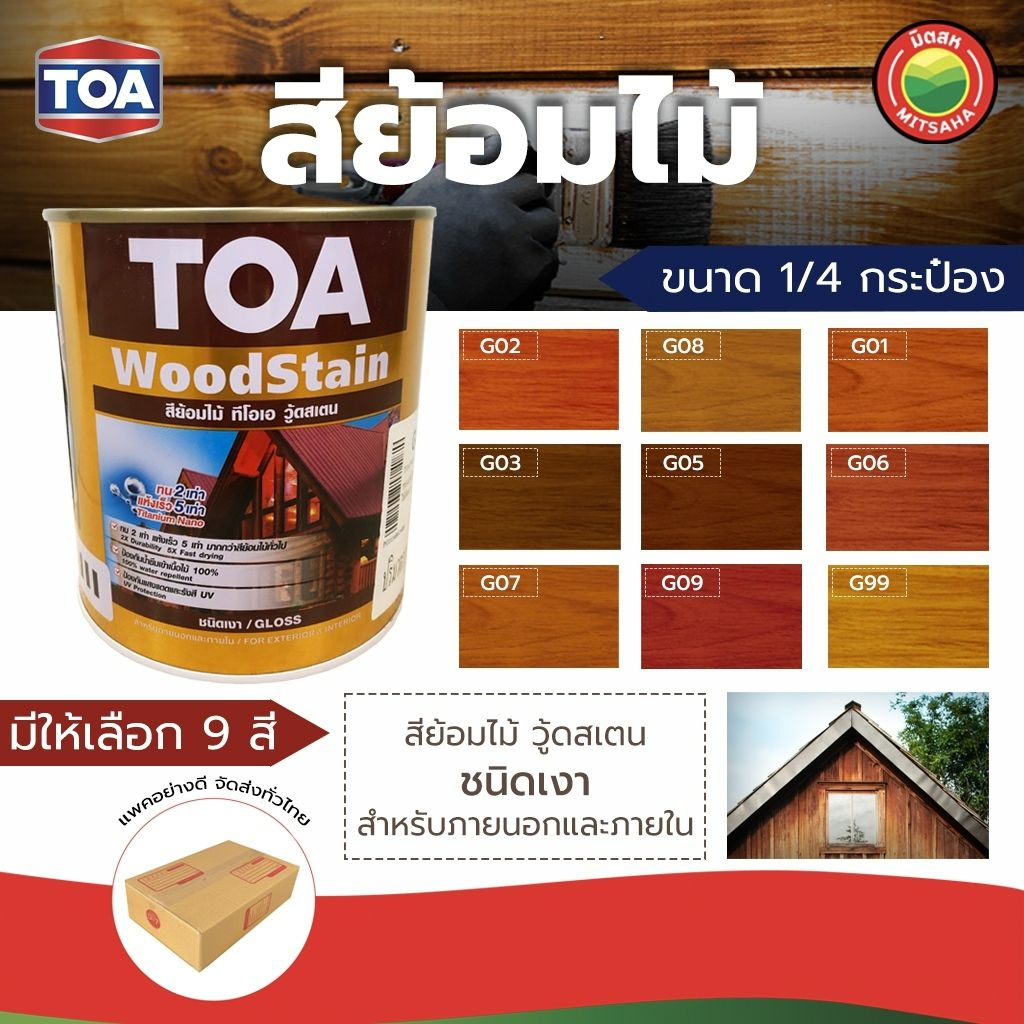 สีย้อมไม้ TOA WOOD STAIN ขนาด 1/4 กระป๋อง (0.946L) สีทาบ้าน ผนัง ไม้ ภายนอก ภายใน ฟิล์มเงา มิตสห