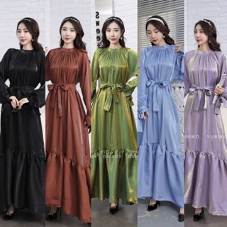 Maxi Dress metallic silk หรูหรา เกินต้าน 🎀 แขนยาวปลายแขนผูกโบว์น่ารัก