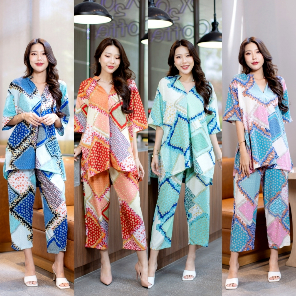 Little Duck ชุดSET เสื้อคอจีนวี+กางเกง ขายาว 5 ส่วน มีกระเป๋าทั้งสองข้าง รุ่น เซทคาเฟ่