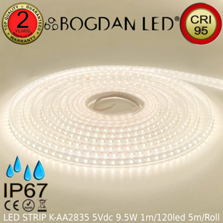 LED STRIP, K-AA2835-120-4000K DC-5V 9.5W/1M 120LED/1M IP67 ยี่ห้อ BOGDAN LED ไฟเส้นสำหรับตกแต่ง 5M/Roll  (ราคา/5เมตร)