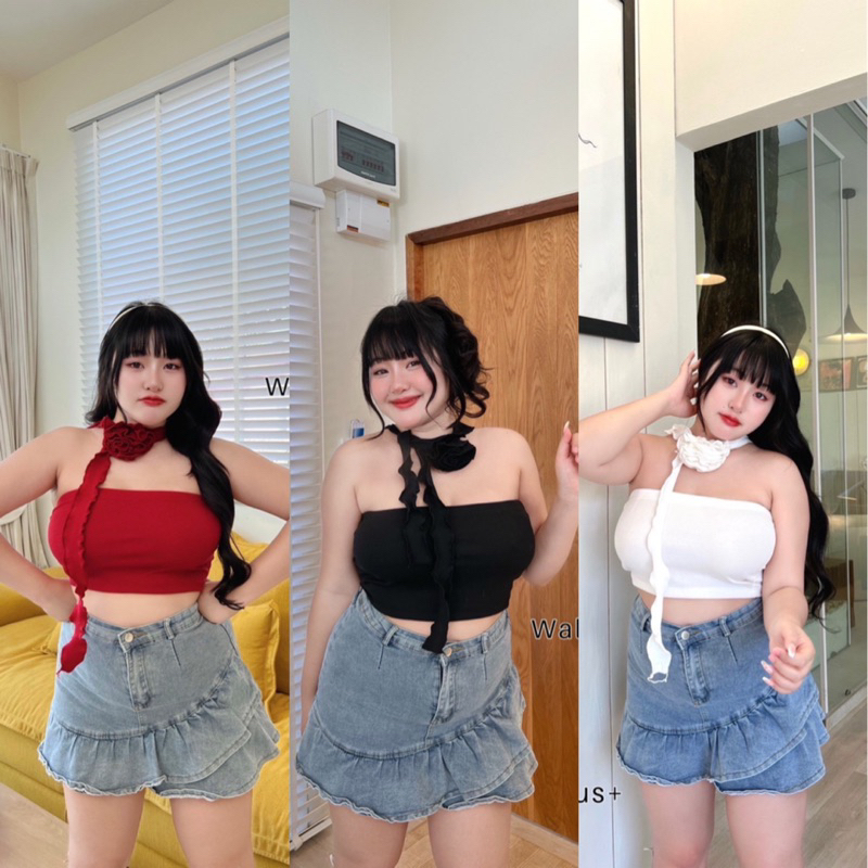 (🌷PLUSSIZE🌷)เสื้อเกาะอก+กุหลาบ(size34-52)แต่งที่คอจัดโปร2วันY2Kสุดๆ