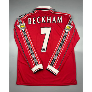 เสื้อบอล ย้อนยุค แขนยาว  แมนยู 1998 เหย้า คอซิป Retro Long Sleeve Manchester United Home  7 BECKHAM อาร์มพรีเมียร์