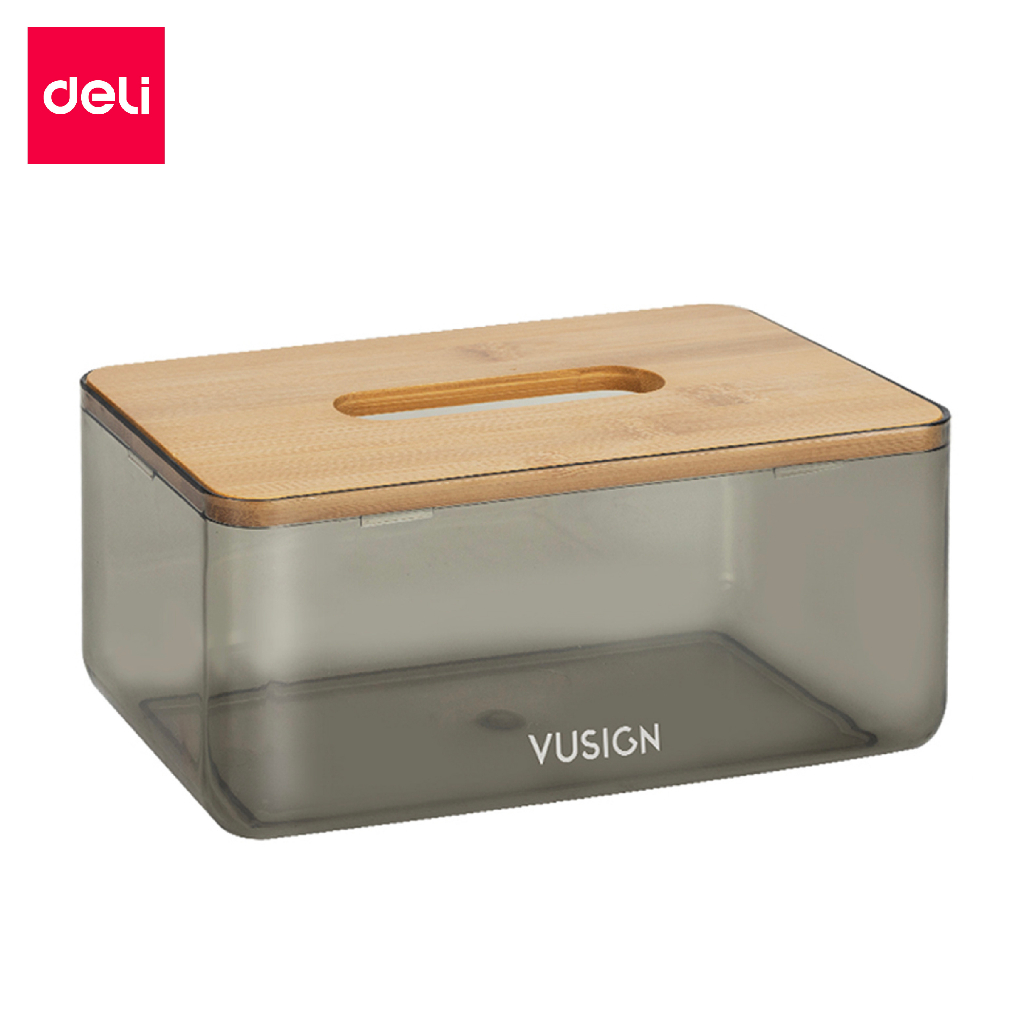 Deli กล่องทิชชู่ กล่องใส่กระดาษทิชชู่ ขนาดมินิมอล ดีไซน์ฝาไม้ไผ่ กล่องแบบใส ขอบโค้งมน อุปกรณ์จัดเก็บ