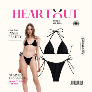 tanandcozy - HEART OUT บิกินี่สีดำ สีเบสิค แต่งเพชรรูปหัวใจ