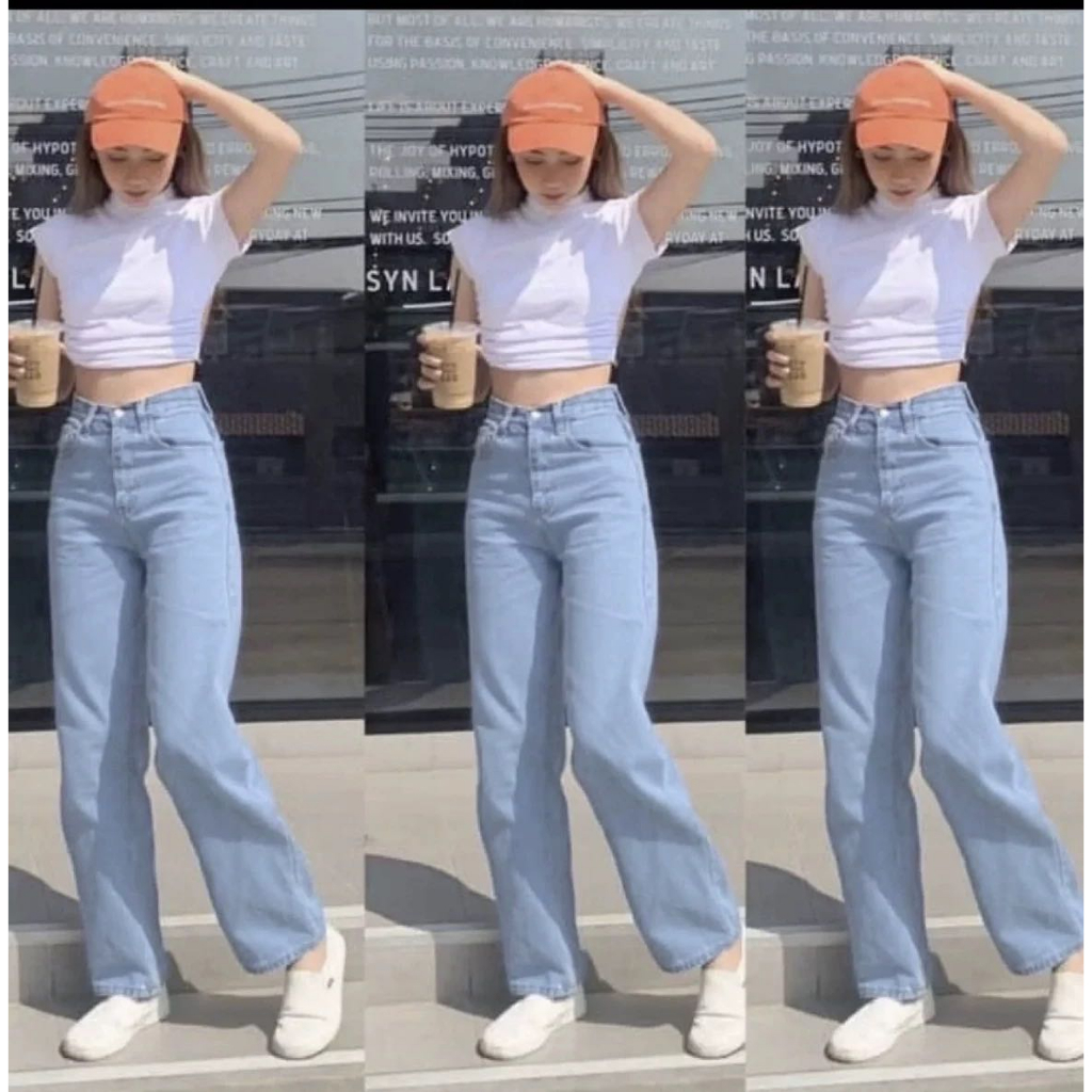Mini#588 มีไซซ์ S-2XL กางเกงยีนส์ เอวสูง สไตล์เกาหลี แนววินเทจ เท้ากว้าง กางเกงยีนส์ขายาว สวยๆเก๋ๆ
