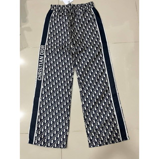 CHRISTIAN DIOR CHEZ MOI SIGNATURE OBLIQUE MOTIF PANTS IN BLUE SILK TWILL กางเกงวอร์มขากระบอกเอวยางยืด ดิออร์ โมโนแกรม