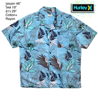 🌼มือ2🌼Hurley เสื้อฮาวายลายดอกใบ สีฟ้าอมเขียว