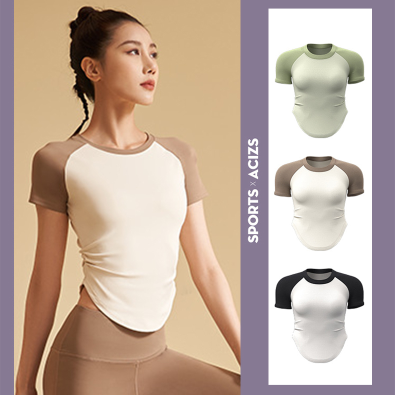 คอกลม ดีไซน์เอวบางสีตัดกัน ชุดโยคะ เสื้อยืดแขนสั้น [กทม. พร้อมส่ง]