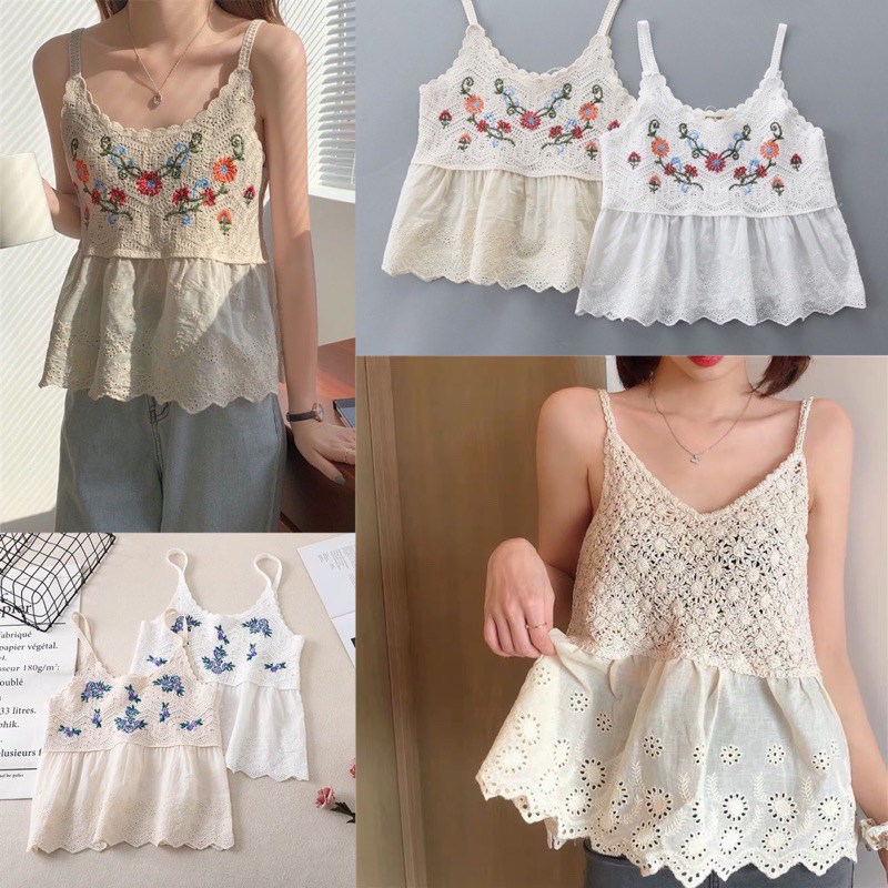 เสื้อสายเดี่ยวลูกไม้เเต่งระบายชาย สายเดี่ยวไปทะเล สายเดี่ยวปักลูกไม้