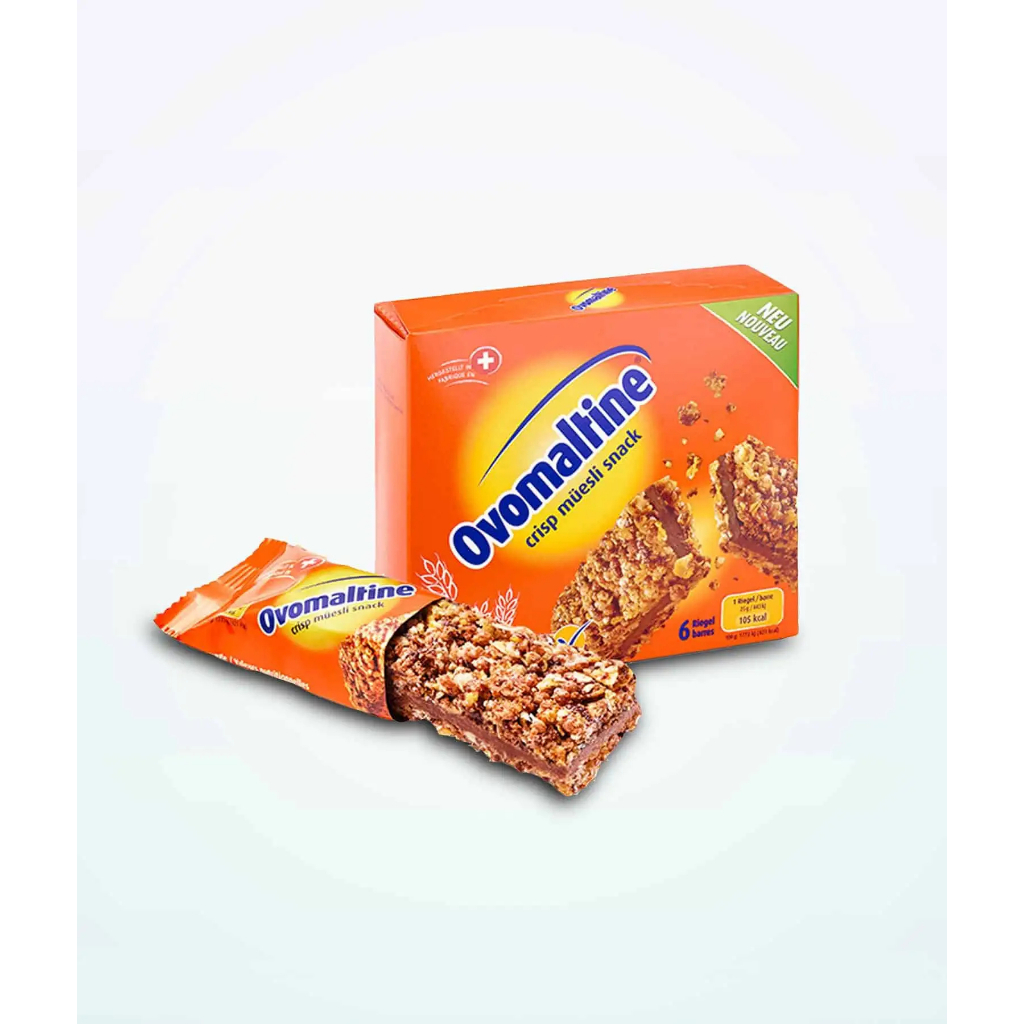 ovomaltine crisp muesli snack ซีเรียลมูสลี่บาร์ น้ำหนัก 150 กรัม 1 แพ็ค มี 6 ชิ้น