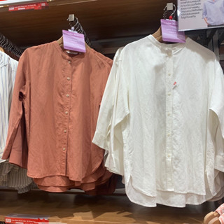 uniqlo 100% S M L XL (ผู้หญิง) เสื้อเชิ้ตขอบคอจีน ผ้าคอตตอน ไม่หนามากใส่สบายไม่ร้อน ทรงปล่อยไม่รัดรูป ของแท้💯💯จากช็อป