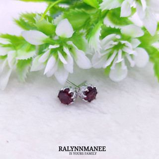 AE011 ต่างหูพลอยโกเมนแท้ ( Garnet ) ตัวเรือนเงินแท้ 925 ชุบทองคำขาว